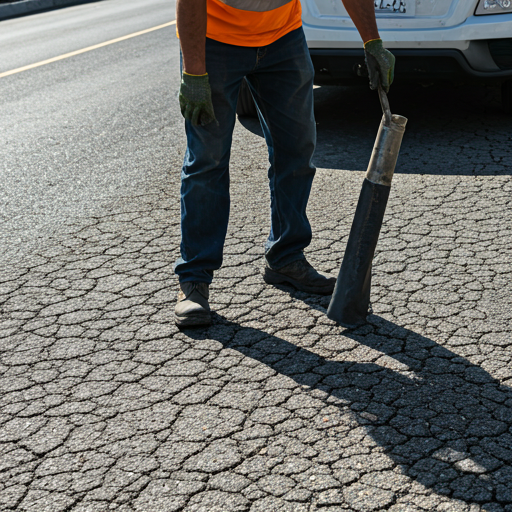Worker filling asphalt cracks