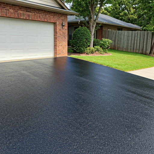 Freshly sealcoated asphalt driveway